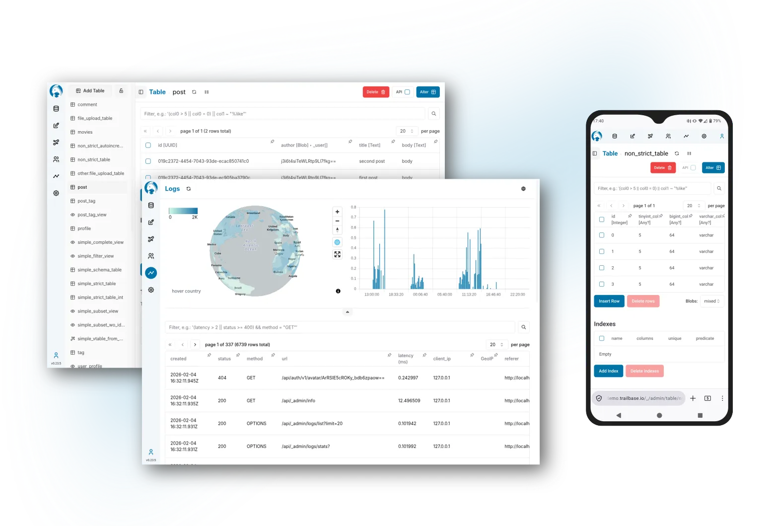 Screenshots of TrailBase's admin dashboard